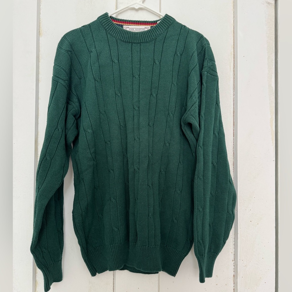 Classic Cable Knit Sweater in Hunter Green, 100% Cotton. Vintage.